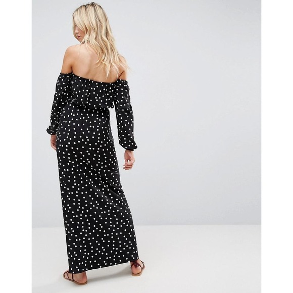 ASOS Bardot Polka Dot Off Shoulder Long Sleeve Maxi Dress Size 6 - Picture 4 of 10
